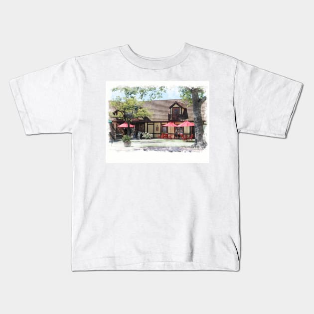 Cafe Scene in Solvang California Digital Watercolor Kids T-Shirt by ButterflyInTheAttic